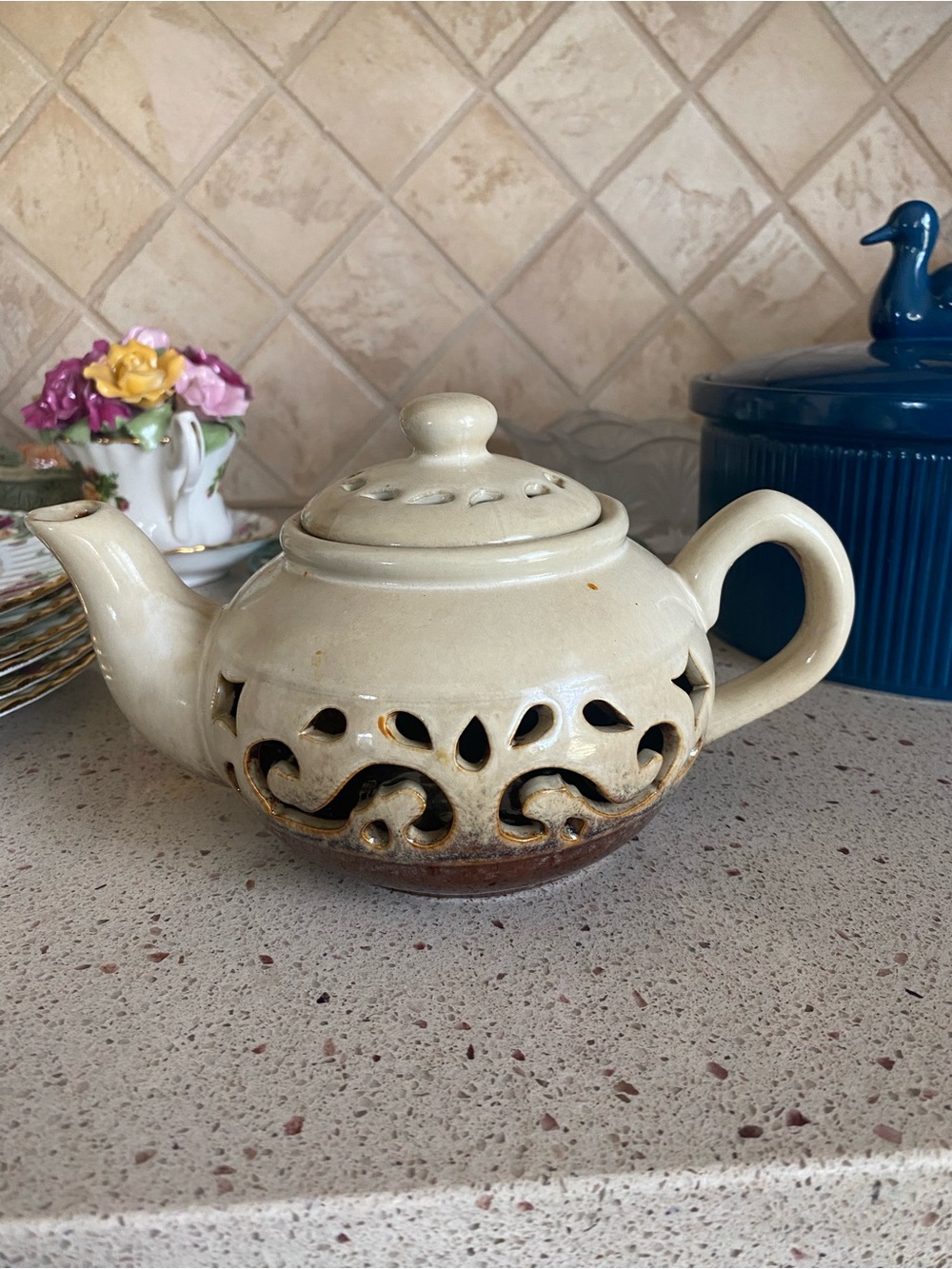 Handcrafted Ceramic Teapot Lantern in Cream and Brown